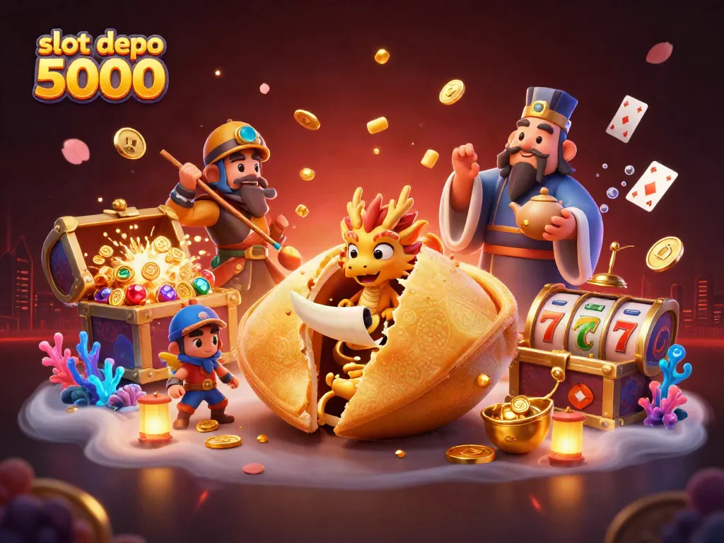 Experience thrilling gameplay with slot depo 5000, surrounded by golden fortune elements and exciting slot symbols.