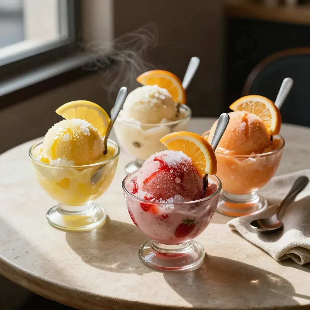 Tre sorbetti di frutta in coppe basse con fette di agrume e cucchiaini opachi.