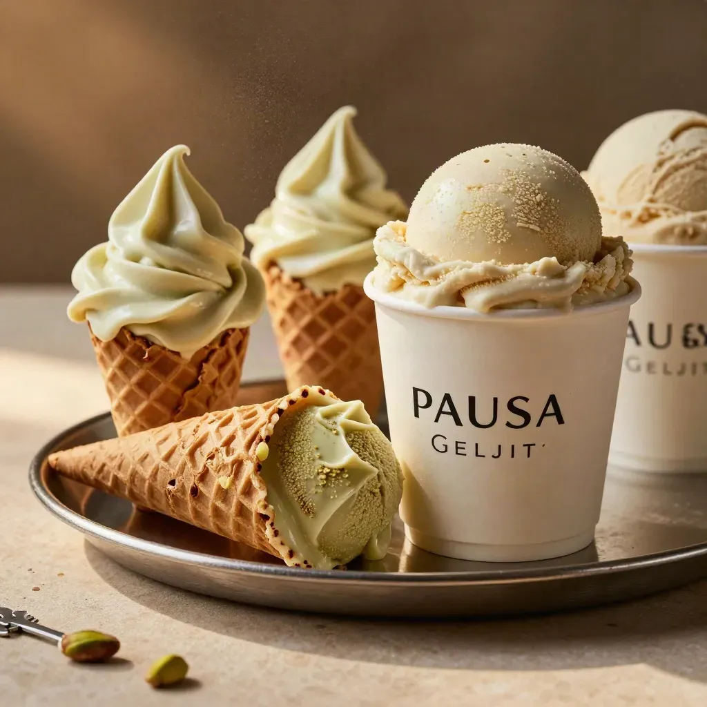 Due coni doppi e una coppetta grande di gelato al pistacchio su vassoio, con altre coppette sfocate.