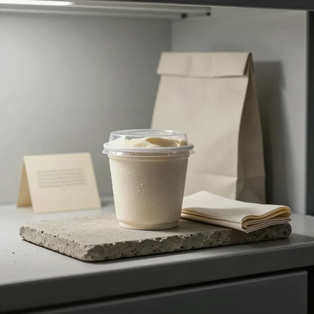 Coppetta gelato con coperchio, borsa takeaway neutra e tovagliolo su pietra fredda.