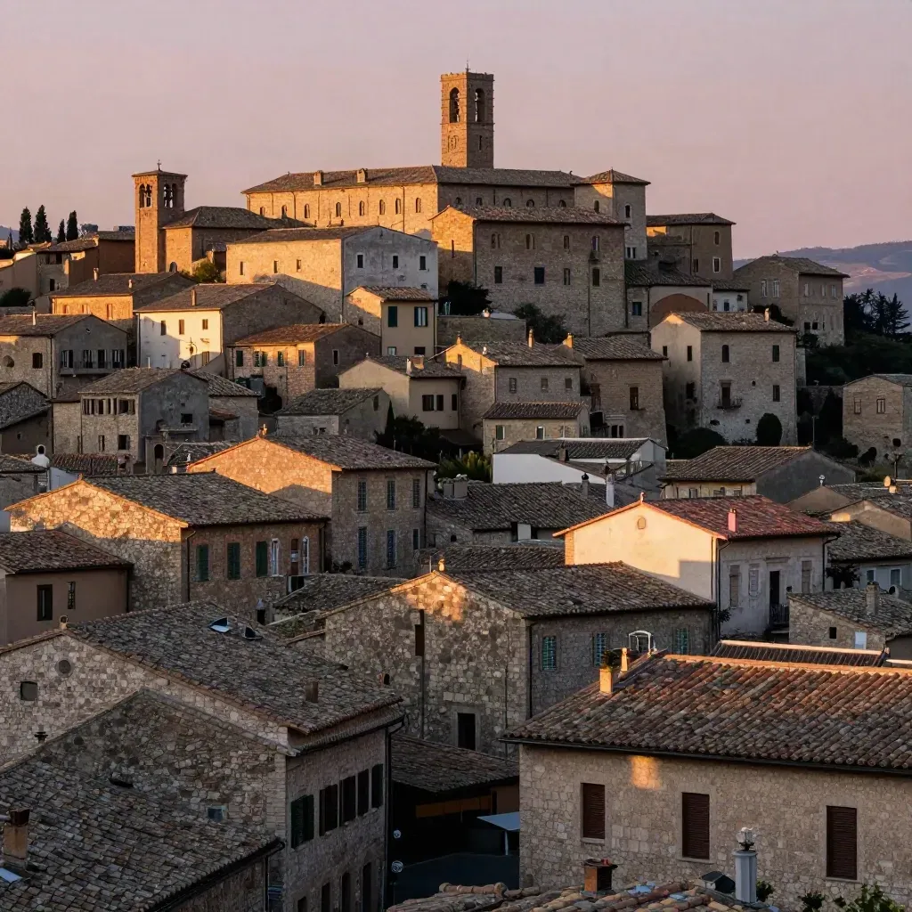 Panorama di pietre chiare e tetti antichi al tramonto tra Perugia e Viterbo, con luce calda e foschia.