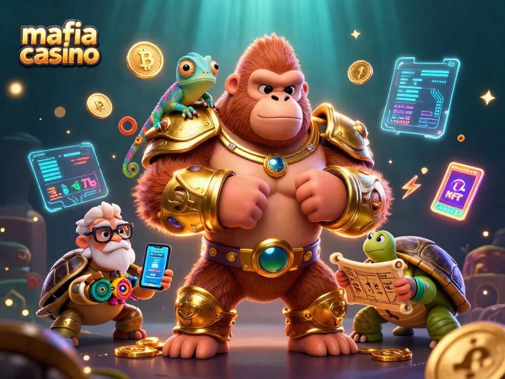 Mafia casino scene with a gorilla king, chameleon, tortoise elder, Bitcoin coins, and slot reels.